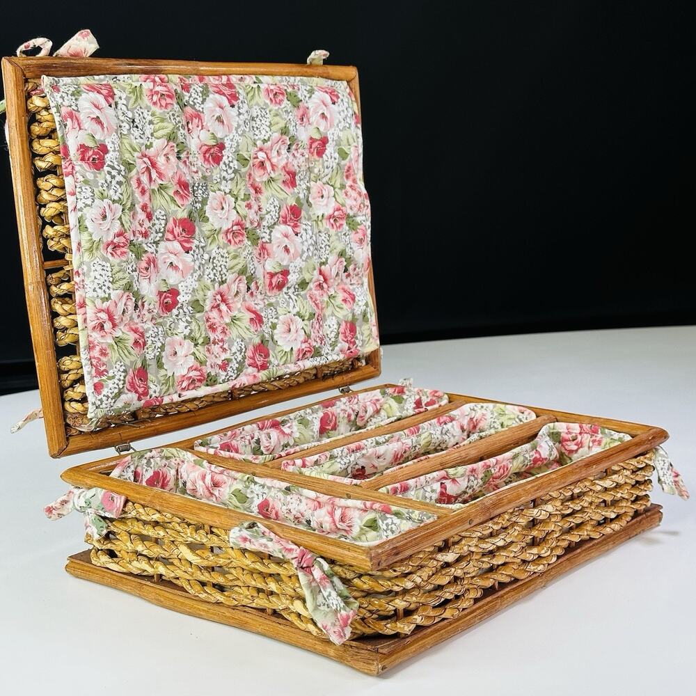 Vintage Woven Flatware Silverware Basket Floral Liner Cottagecore Grandmillenial